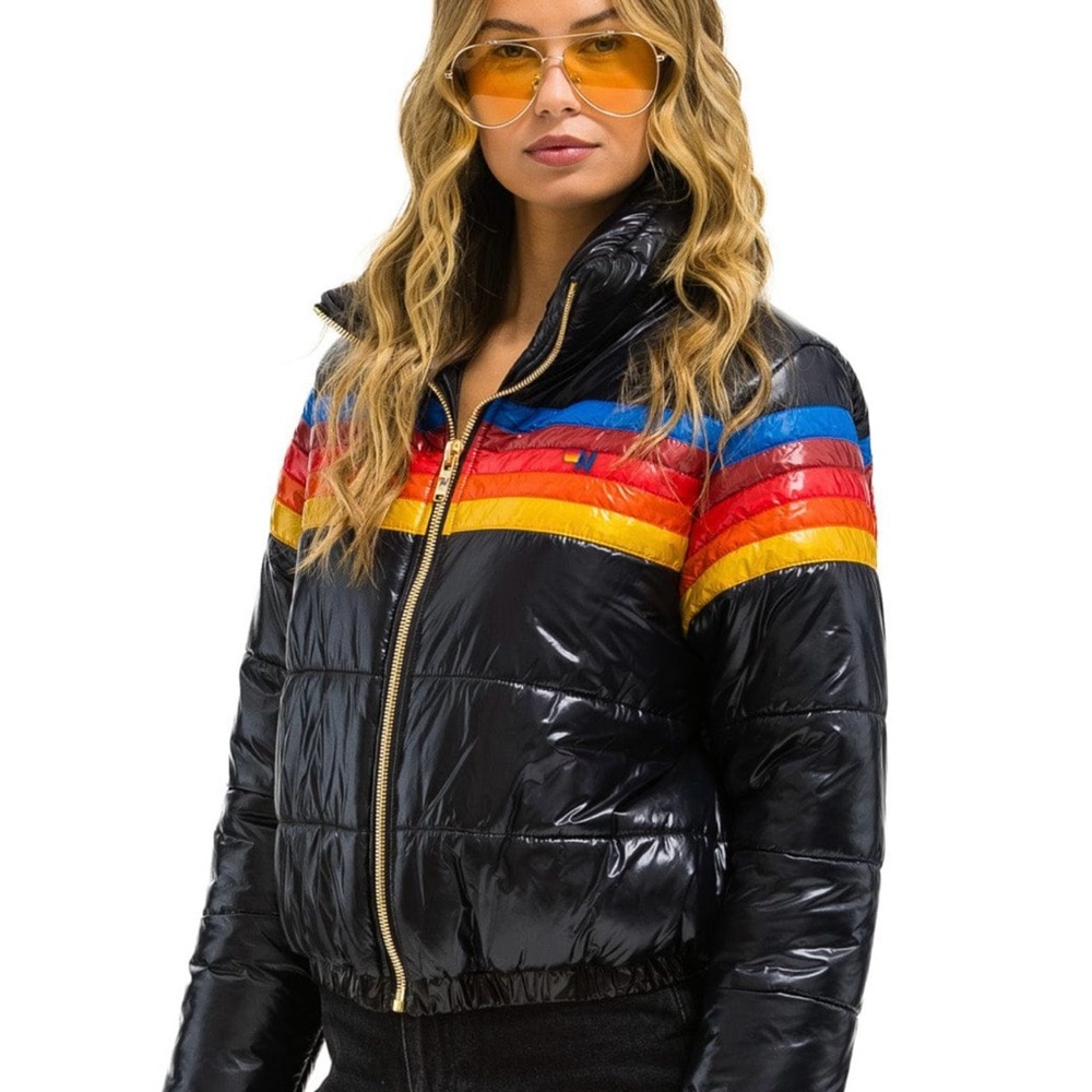 Aviator Nation Black Puffer Jacket with Blue, Red & Yellow Stripes